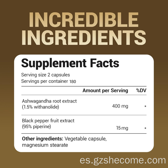 Suplemento de cápsulas de ashwagandha para soporte de respuesta al estrés